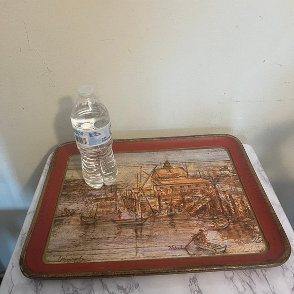 Vtg Italian Florentine Chippy Tray with Edna Hibel Decoupage Seascape - Picture 12 of 12